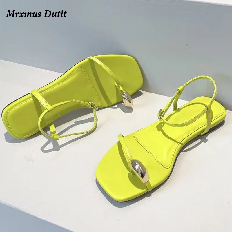 Mrxmus Dutit 2024 Summer Fashion New Women Genuine Leather Fine Ribbon Square Head Flats Simple Sandals Casual Shoes Female Chic