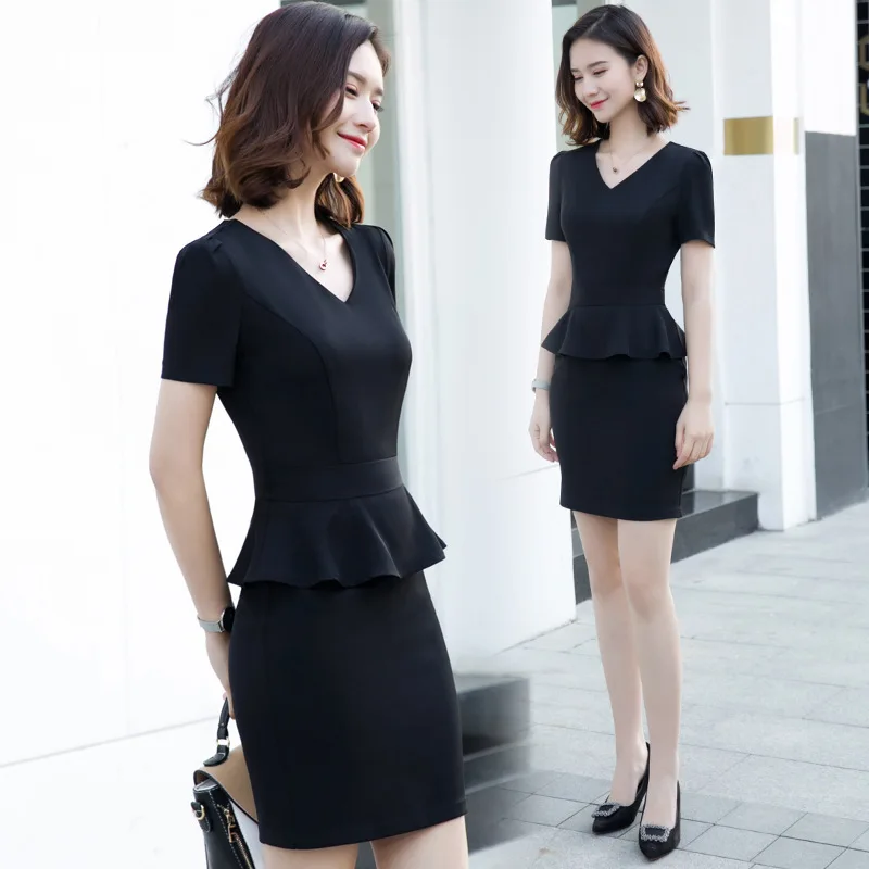

Black Ruffled Professional Dress for Women, Summer Thin Short Sleeve Formal Wear for Hotel Reception, Beauty Salon, Elegant Work