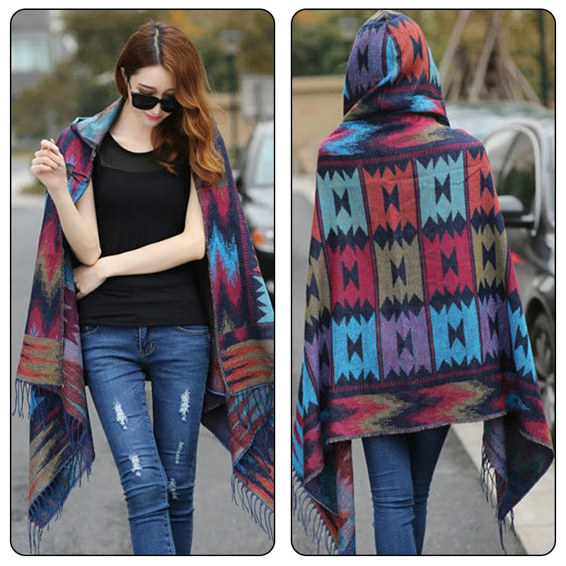 Spring Autumn Women Hooded Poncho Cape Cloak Fringed Tassel Shawl Wrap Sweater Bohemian Style Shawl Scarf Coat