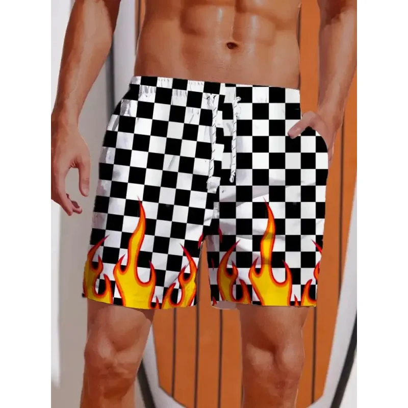 

Лето 2023, шорты с 3D принтом в шахматном порядке и пламенным принтом, мужские плавки для серфинга, дышащие короткие гавайские шорты на шнурке