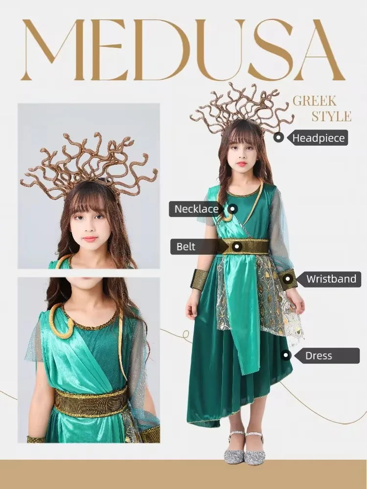 Girl Princess The Gorgon Medusa Ancient Greek Mythological Cosplay Dress Kids Halloween Carnival Party Costume