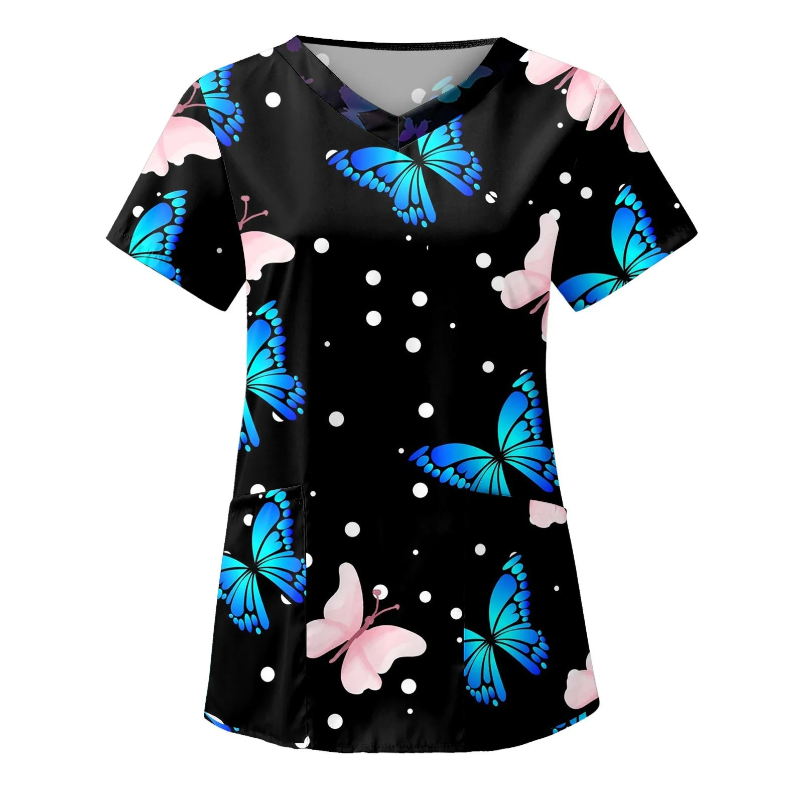 Women Nurse Uniform Butterfly 3d Print V-Neck Pocket Medical Uniforms Cartoon Nursing Scrubs Tops Uniforme Enfermera