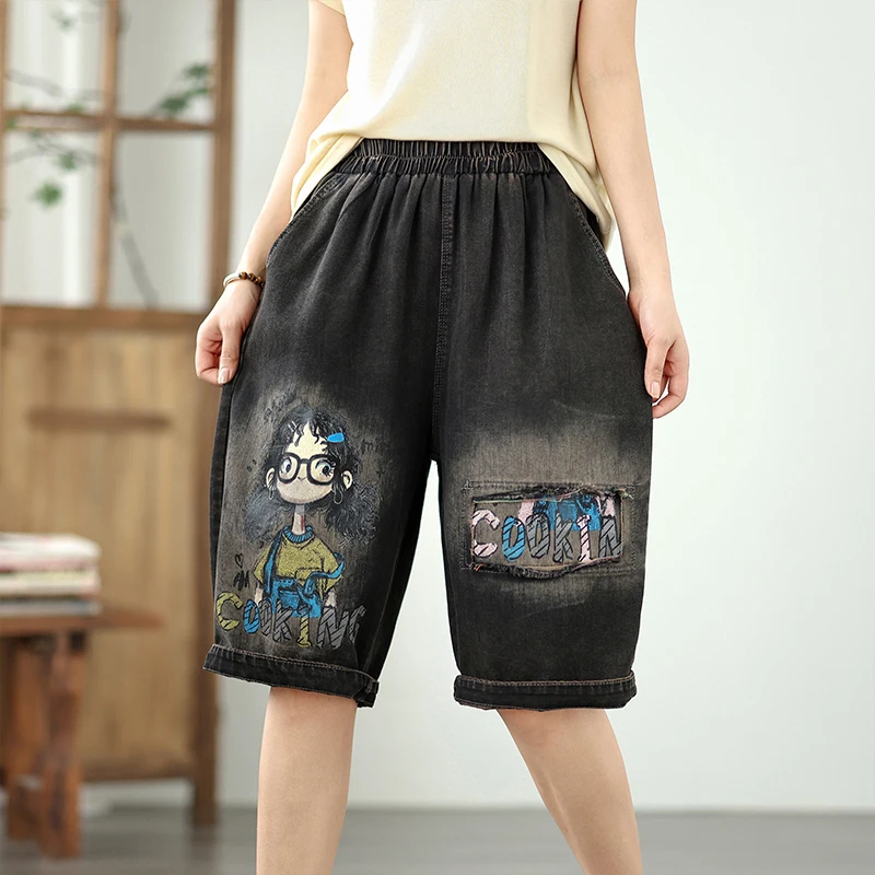 

Harajuku Streetwear Summer Jeans Shrots Woman Black Cartoon Print Bermudas Denim Shorts Women Loose Wide Leg Short Pants Femmme