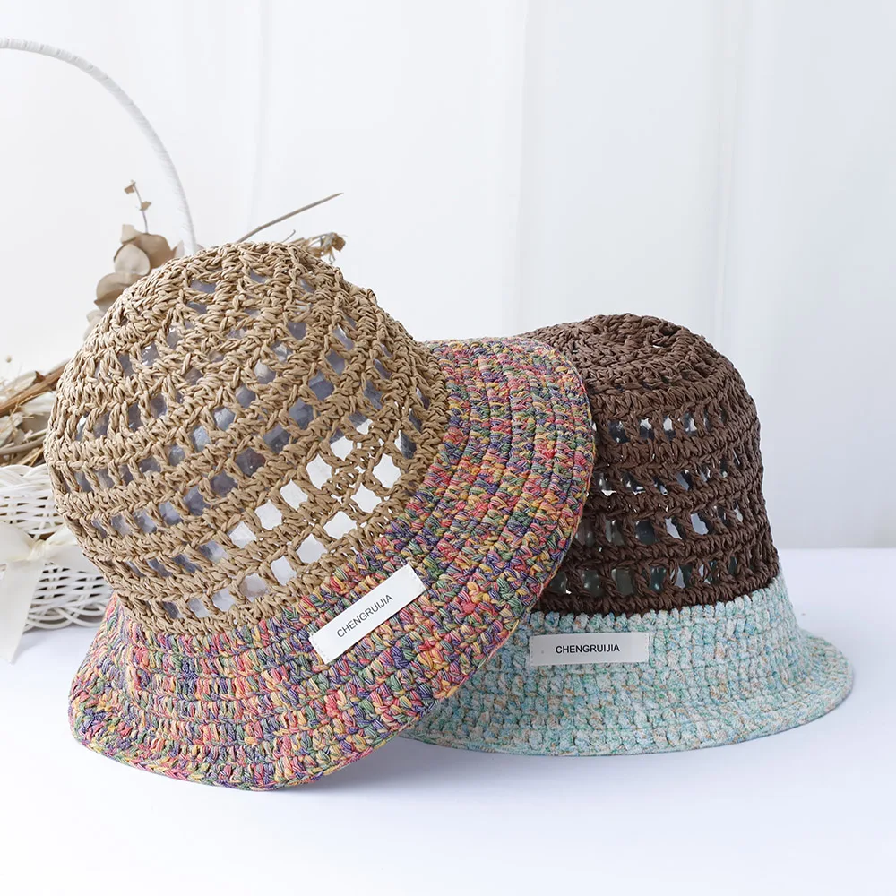 Hollowed out sun hat fashion Style bucket hat Multicolor Foldable Sun Crochet Hat For Beach Travel Vacation handmade straw hat