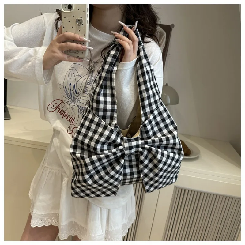 

1pcs Canvas Bow Design Shoulder Bag, Red and White Gingham Casual Tote
