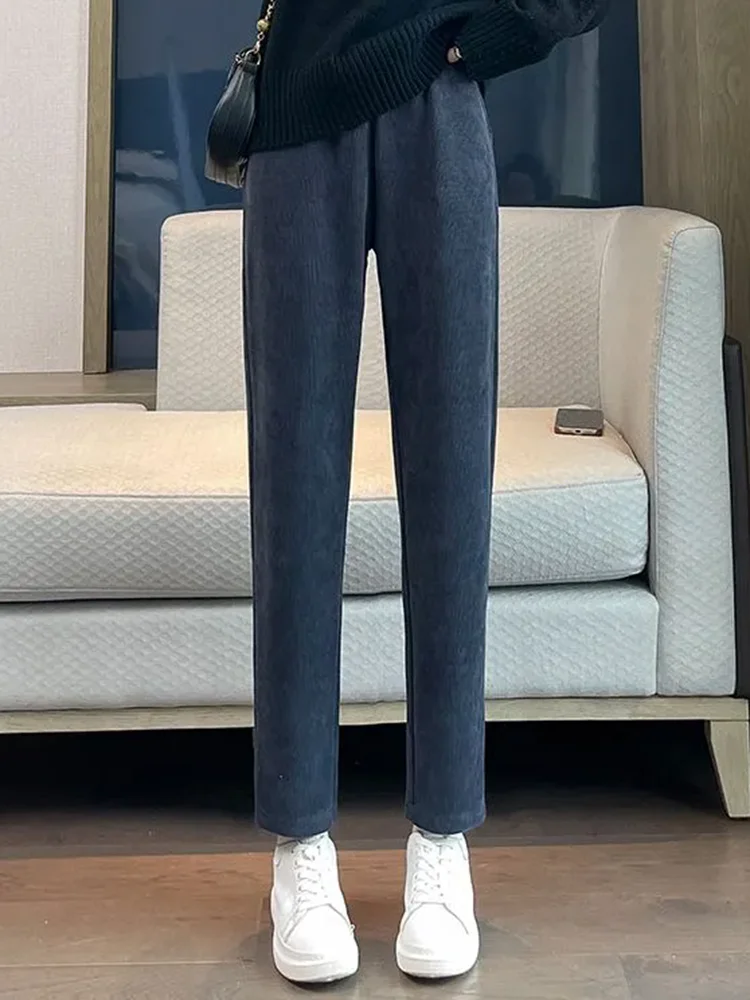 กางเกงฮาเร็มหนานุ่มสำหรับฤดูหนาว แฟชั่นเกาหลี เอวยางยืดสูง บุผ้ากำมะหยี่ กางเกงลำลองผู้หญิง ความยาวระดับข้อเท้า