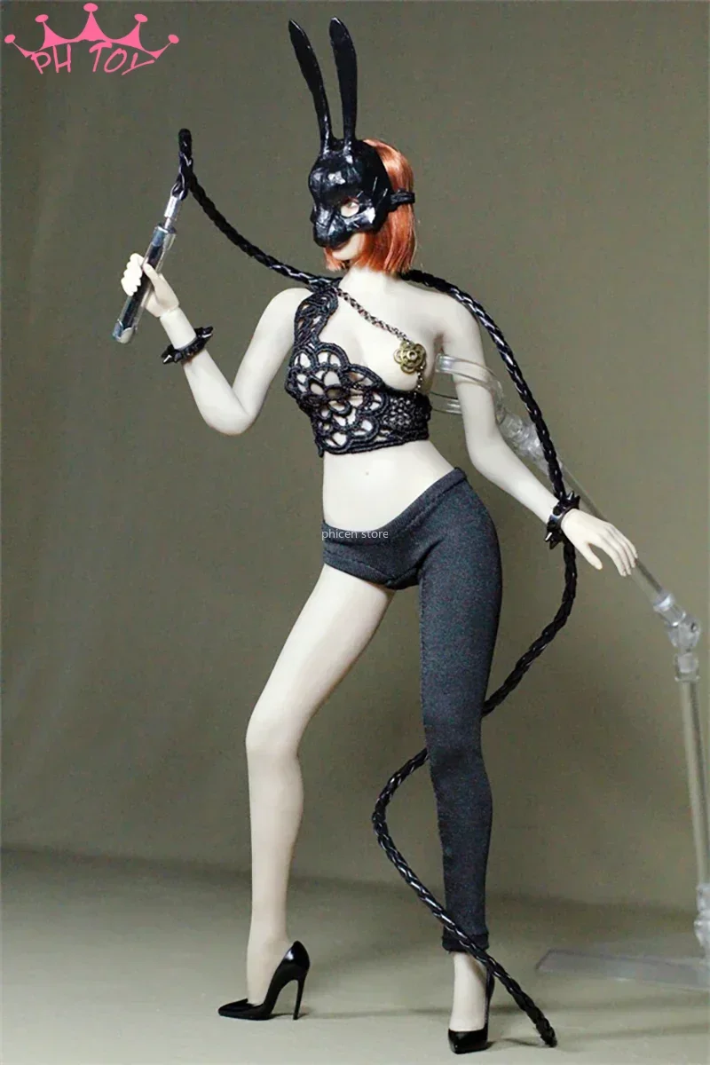 1/6 Female Solider Miss Black Rabbit with Mask Totem Tops Single Leg Leggings Set for 12in Phicen JIAOUL Doll Action Figure Toy