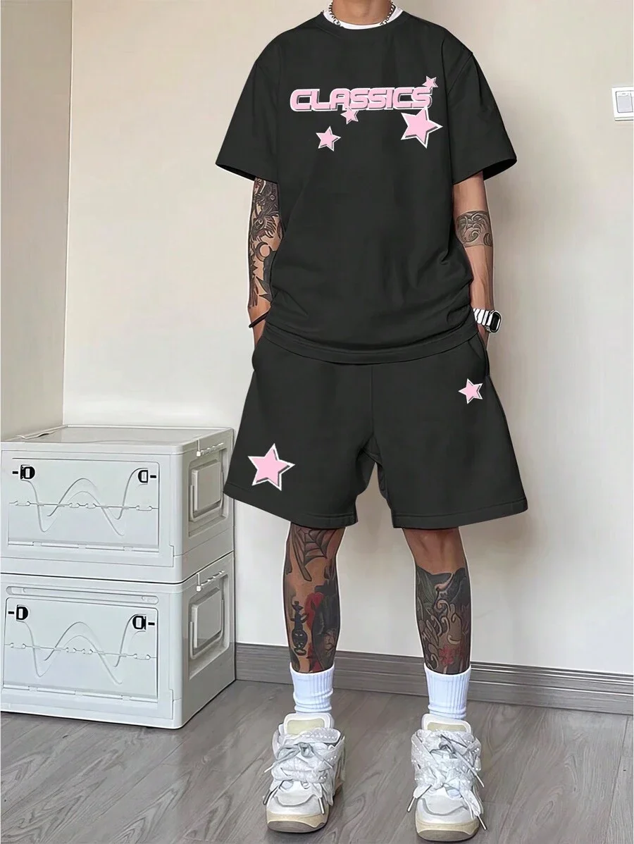 Men's sports suit high-quality letter star print set Hawaii vacation round neck short sleeved T-shirt men's drawstring pocket sh