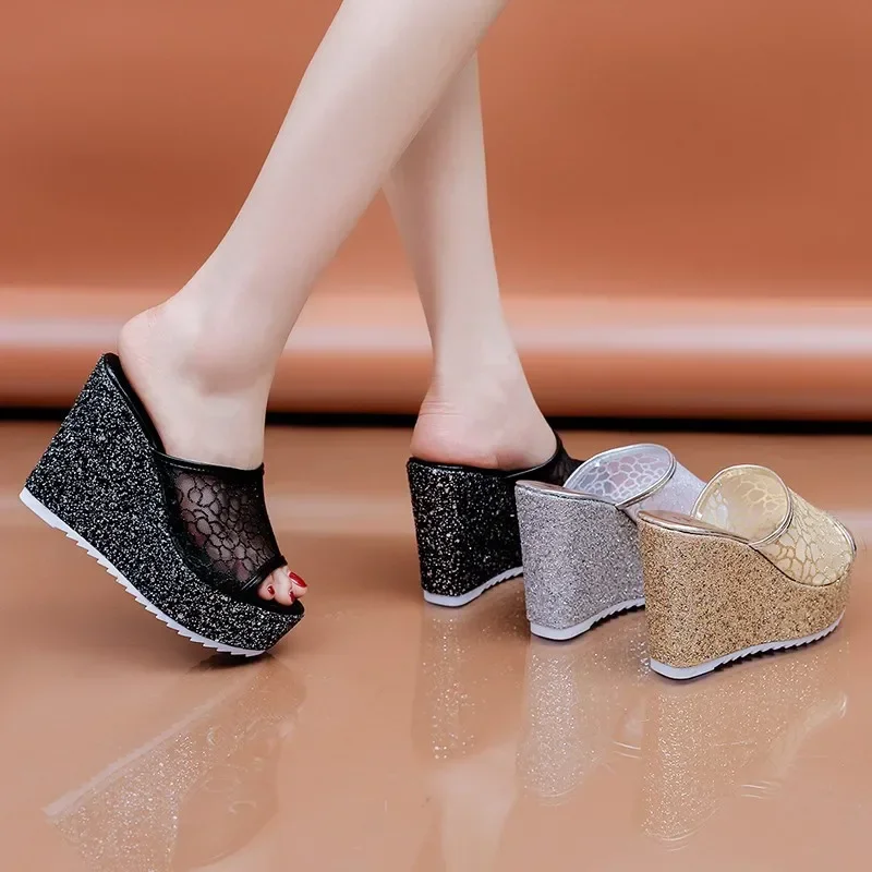 2024 Bling Golden Women Slippers Summer Shoes Platform(4cm) Outside Fitting-room 11cm High Heels Wedges Solid Mesh Female Slides