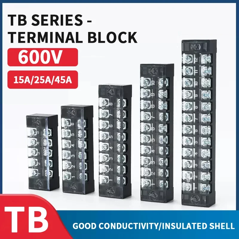 15A/25A/45A 600V Dual Row Barrier Screw Terminal Block Wire Connector TB Series 3/4/5/6/8/10/12 PIN Optional TB-1503 TB-2503