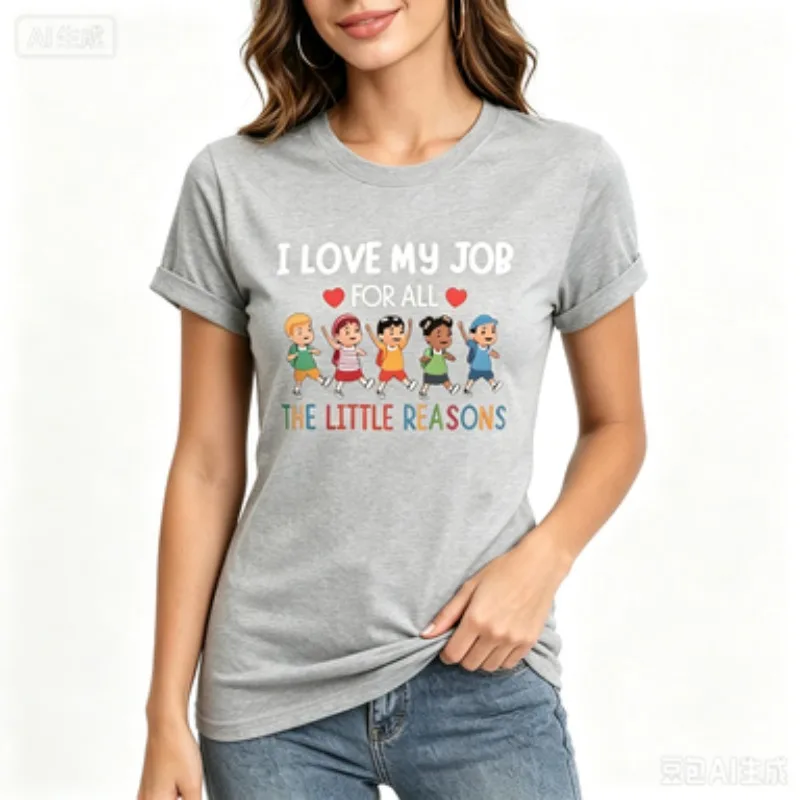 Women Slim Crew  T-shirt Teacher Gift I Love My Job Cute Multiracial Kids Print Casual Back To School Educator Short Sleeve Tee