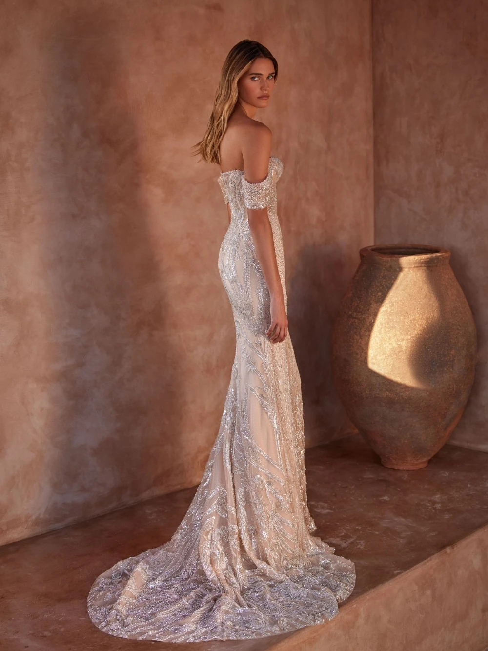 Dainty Beaded Sequined Wedding Dress, Detachable Sleeves, Opulent Mermaid Bridal Gown, Elegant Dazzling Customized Bride Wear