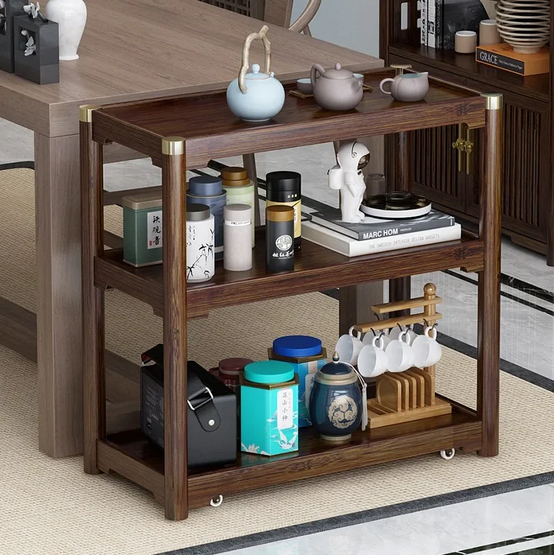 Chinese Style Tea Trolley with Wheels, Mobile Side Table & Storage Cart - For Sofa Balcony Living Room, Compact Serving Cabinet