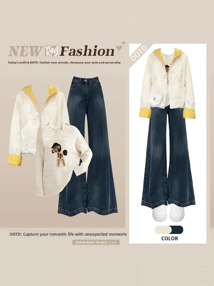 

Корейский осенне-зимний комплект: джинсы с высокой талией и широкими штанинами, хлопковая куртка с капюшоном, вязаный топ с круглым вырезом, цветные блоки