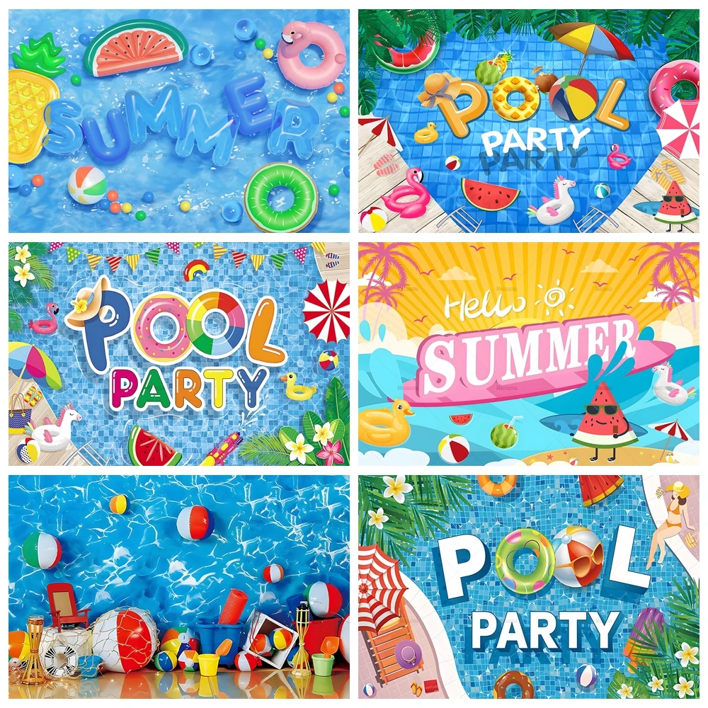 Summer Pool Party Photocall Backdrop Custom Hawaiian Beach Palm Tree Flamingo Background Kids Birthday Photography Banner Decor