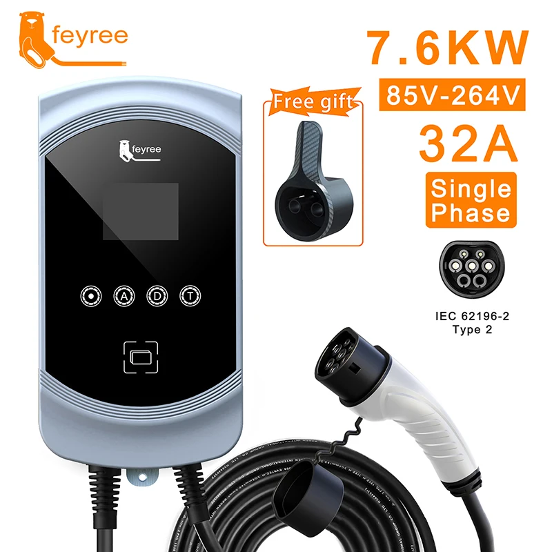 

feyree Type2 EV Charger EVSE Wallbox 32A 7.6KW with IEC62196-2 Adapter Wallmount Charging Station 5m Cable for Electric Vehicle