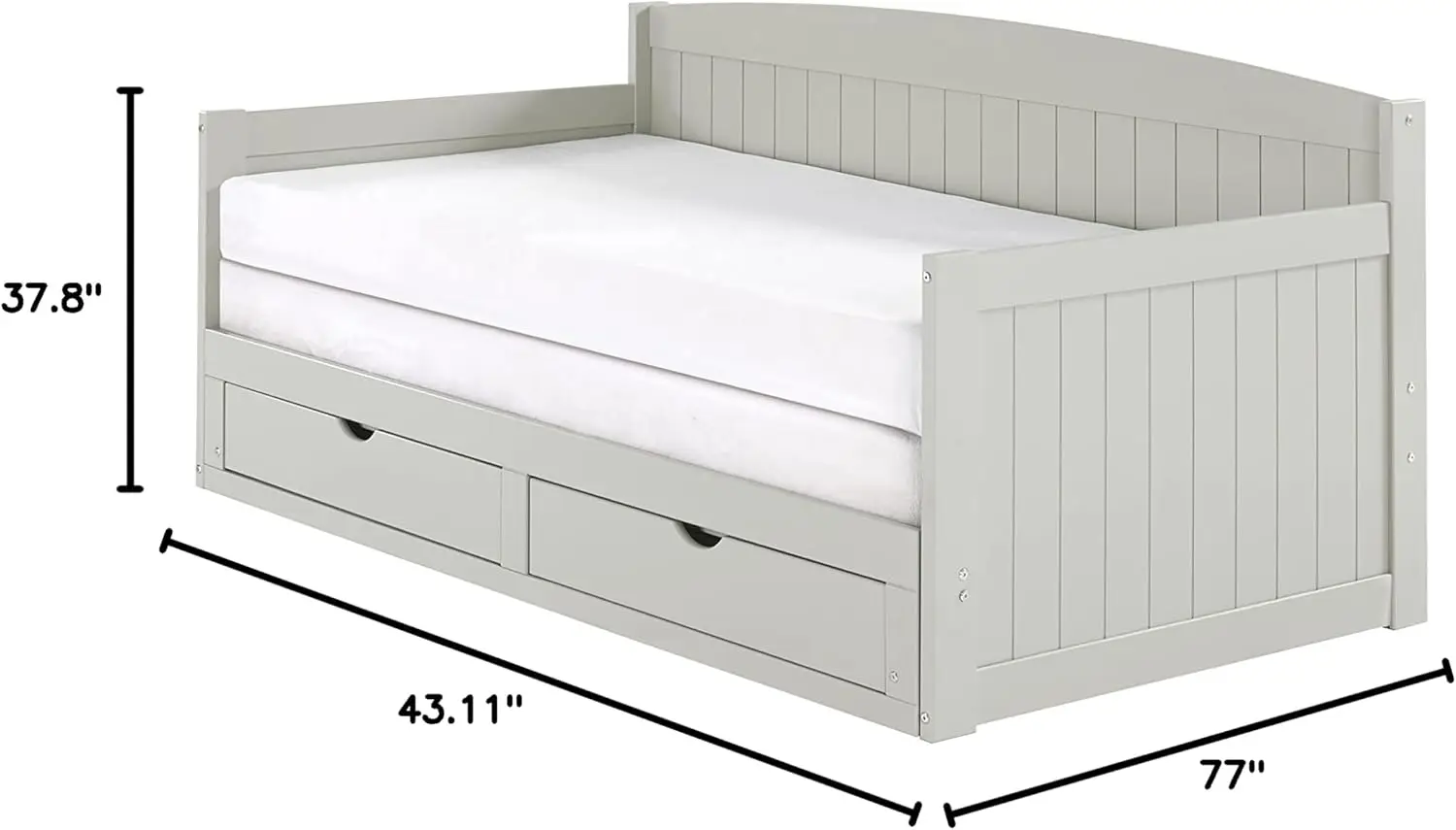 Harmony-cama de día de madera, individual, gris Paloma, 2 cajones extraíbles, 440 libras de capacidad de peso, construcción de pino brasileño, carillas