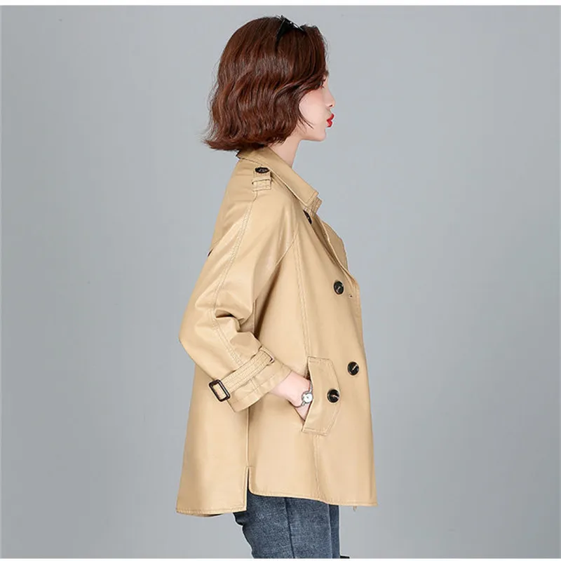 Leather Jacket Ladies Spring Autumn New Korean Fashion Lapel Double-Breasted Solid Color Leathers Coat Female Loose Outwear W775