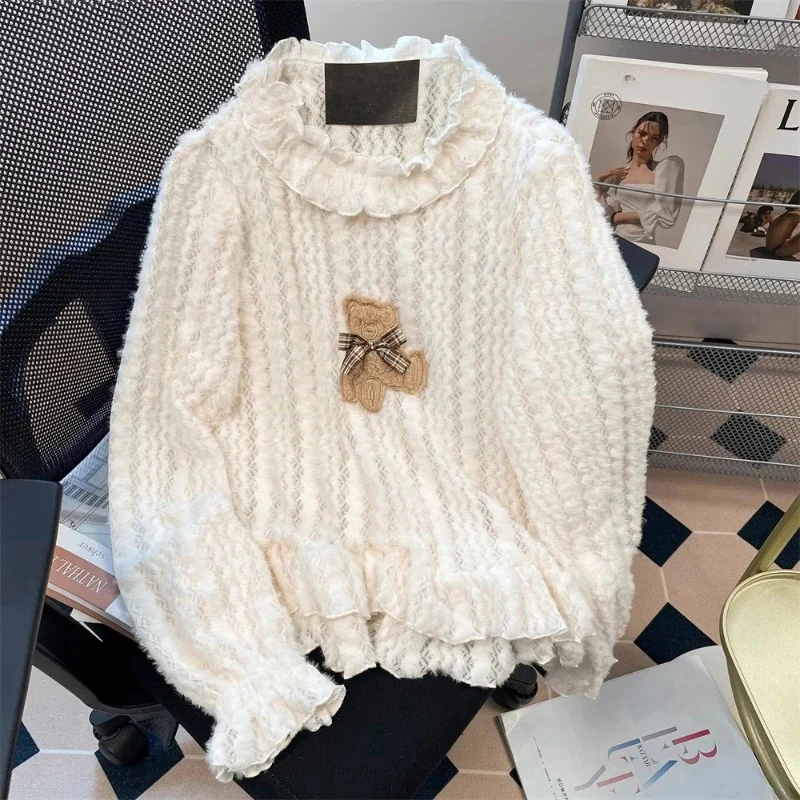 

Women Y2k Aesthetic Cartoon Bear Embroidery Lace Ruffles Tops Japanese Sweet Lolita T-shirts Autumn Winter Girls Kawaii Cute Tee