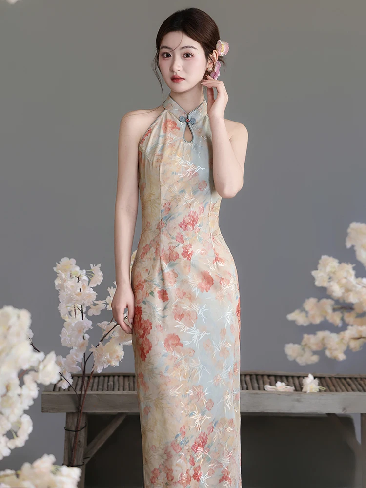 

New Chinese Style Young Girl's Yellowish Brown Improved Summer Dress Retro Design Bead Embellished Midi Qipao Dress