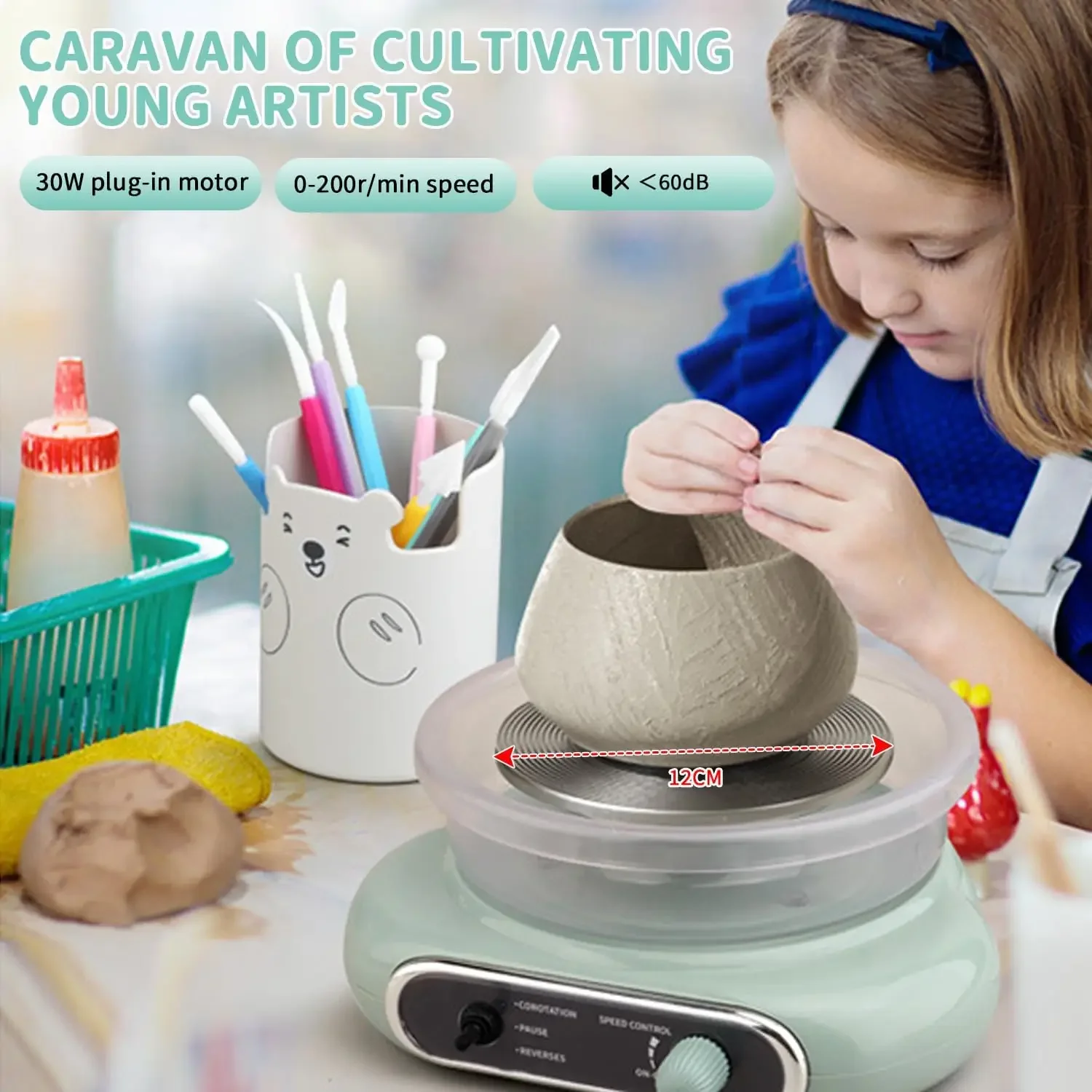 

Mini Electric Clay Plate 12cm with 200R/min Rotation 8 Carving Tools Steel-Free Speed Adjustment Rotating Pottery Wheel for Kids