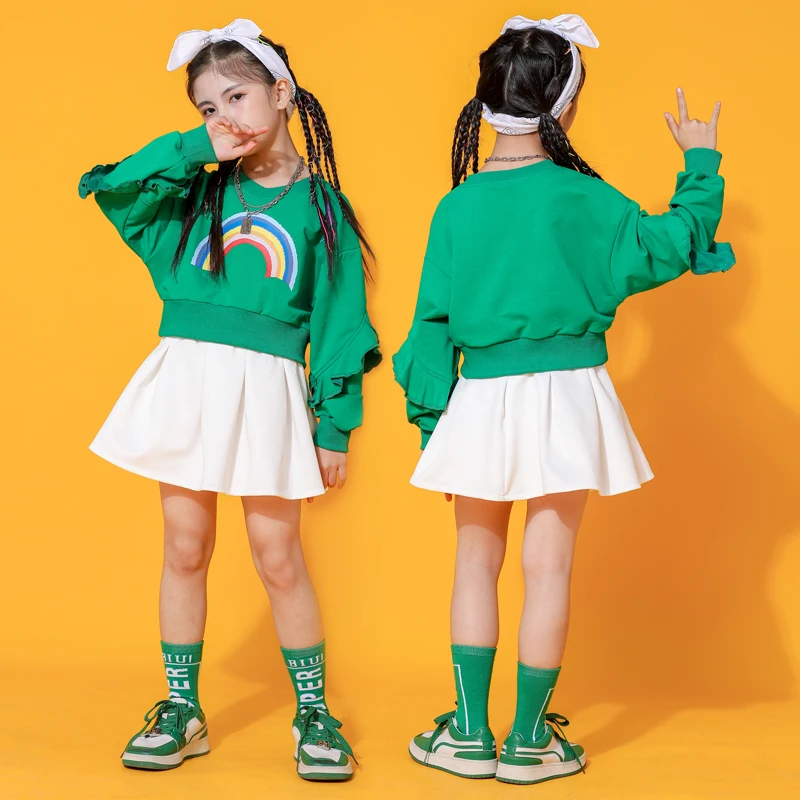 

Girls Jazz Clothes Green Long Sleeve Tops White Skirt Kids School Stage Performance Dress Hip Hop Street Dance Costume DQL7830
