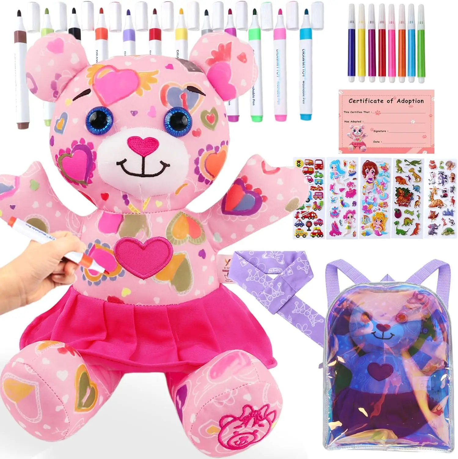 

Washable Marker Stuffed Animal Coloring Set with Holographic Backpack for Girls Ages 3-6 Pink Bear Toy