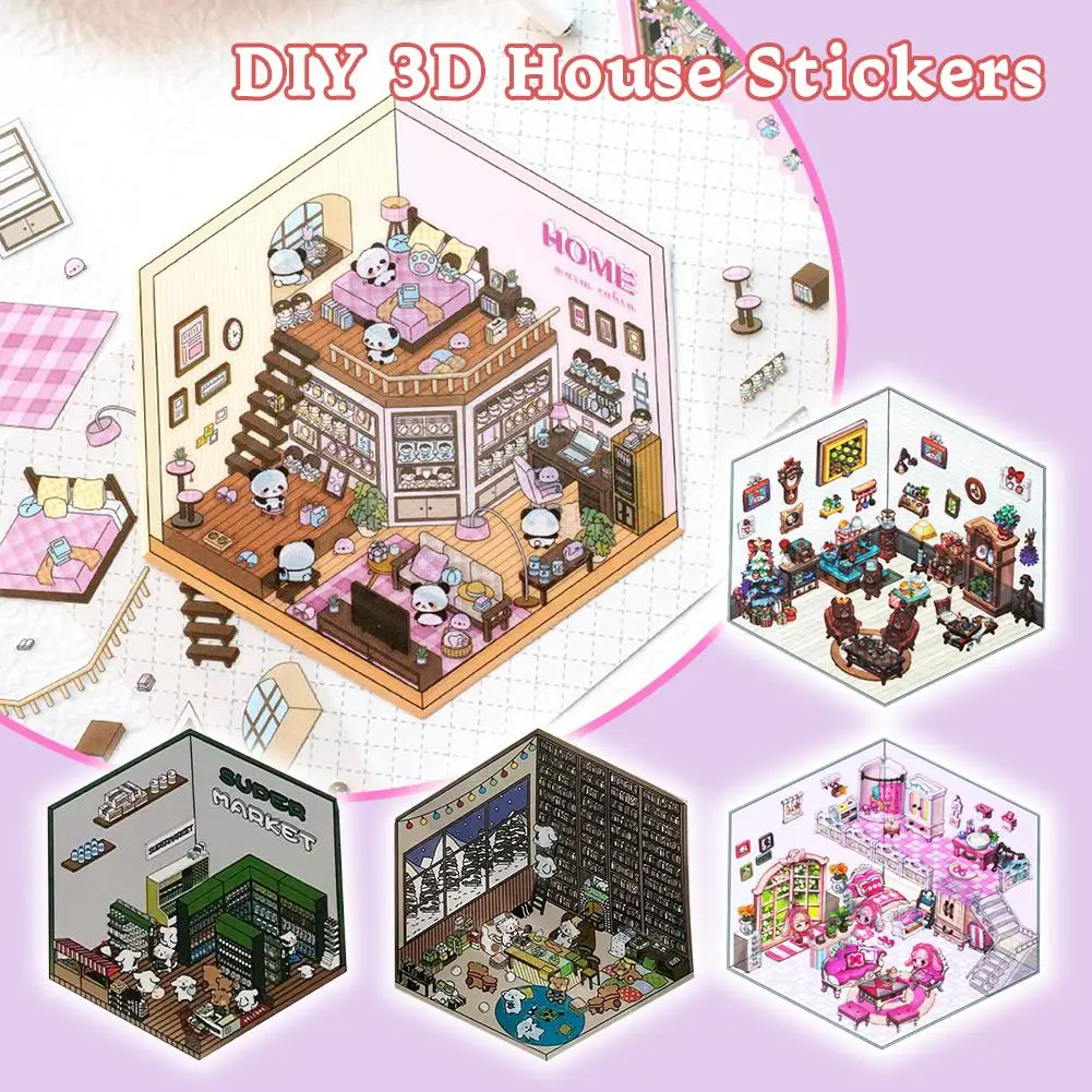 3D Simulation Cabin Stickers Twilight PET Stickers DIY Tent Book Fun Collage Quiet Handmade Landscape Stickers Scene E7E5