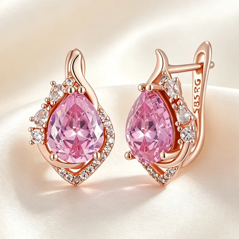 Kinel Heißer Glänzender Großer Rosa Natürlicher Zirkon Tropfen-Ohrring für Damen Mode 585 Roségold-Farbe Party-Accessoires Täglicher Edel-Schmuck