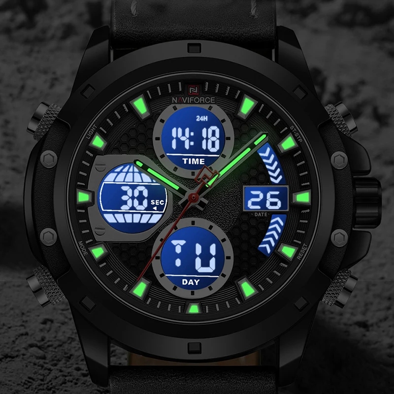 NAVIFORCE 2024 New Fashion Male Quartz Dual Display Wristwatch Waterproof Genuine Leather Strap Sports Luminous Watches for Men