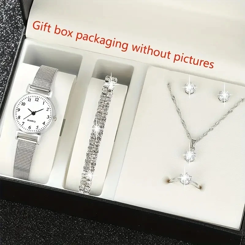 7pcs Women's Watch Fashion Casual Round Pointer Quartz Watch and Necklace Bracelet Ring Earring Set