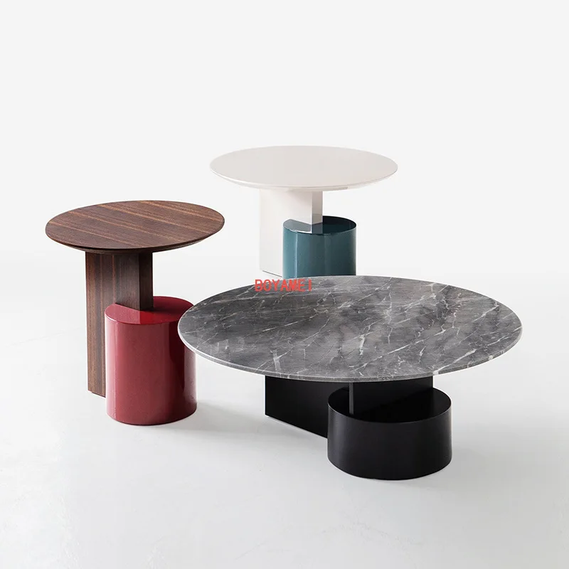 Italian simple marble round tea table three piece set modern fashion design corner table of living room