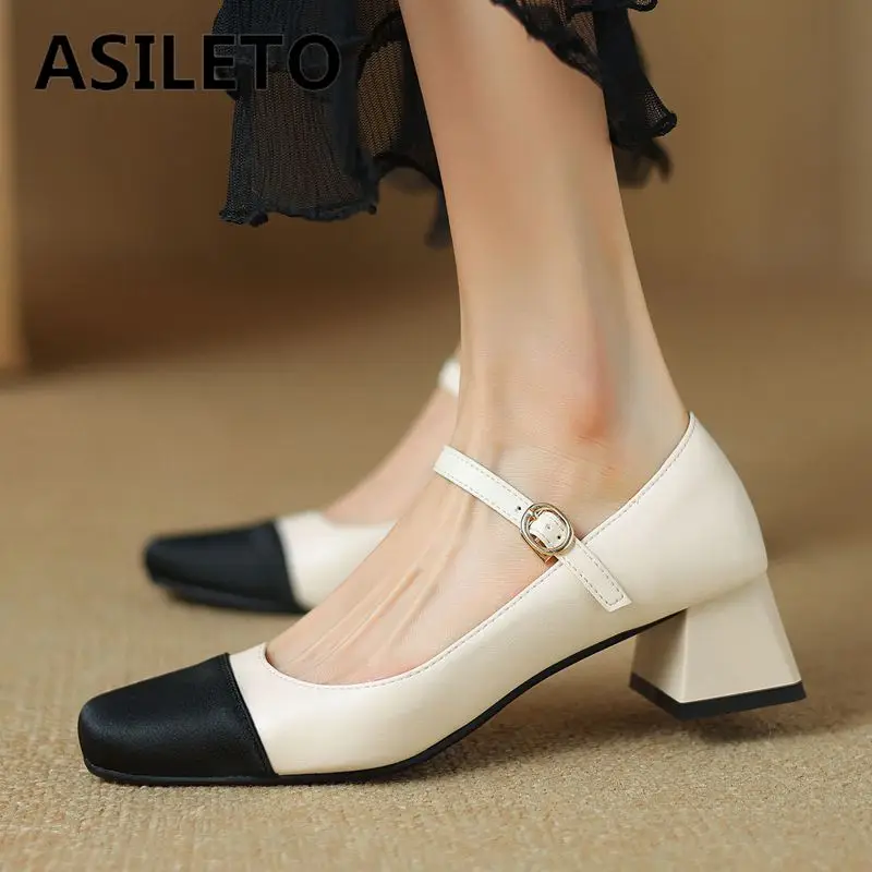 

ASILETO Spring Women Pumps 33 Square Toe Chunky Heels 4.5cm Buckle Straps Mixed Color Big Size 42 43 Office Lady Elegant Shoes