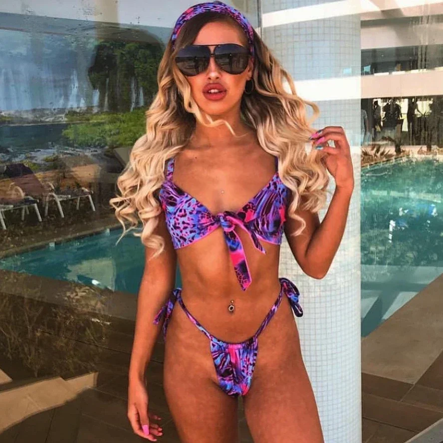 Costume da bagno bikini sexy da donna push up costume da bagno bikini con fiocco con stampa colorata set costume da bagno bikini da spiaggia femminile con fascia