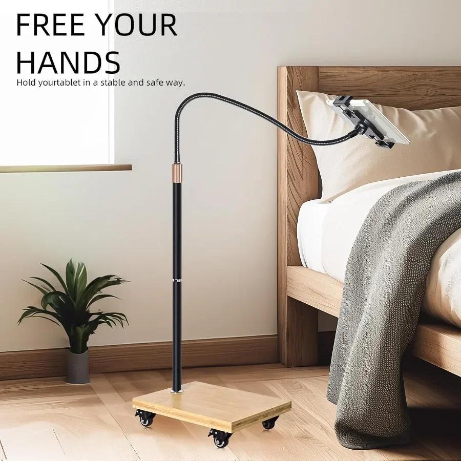 Soporte de suelo para tableta wishacc con soporte giratorio ajustable en cuello de cisne y ruedas para mesita de noche Compatible con iPad Galaxy Tab Kindl
