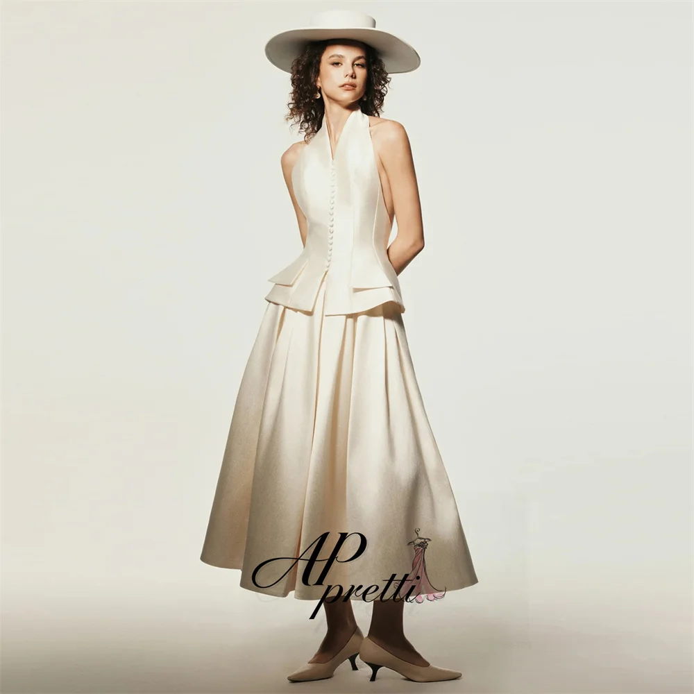 AP pretti Modern A-line Halter Formal Evening Gown Sleeveless Button Pleat Satin Party Dress Customized Reception Dress ﻿ ﻿