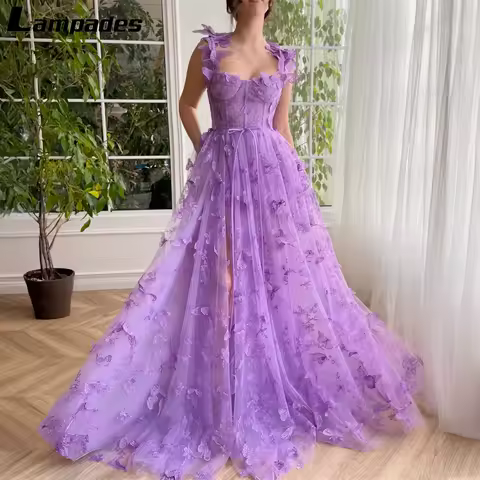 Customized Spaghetti Straps High Slit Prom Dress Lace Up Back Butterfly Lace Evening Formal Dresses for Women Homecoming Dress