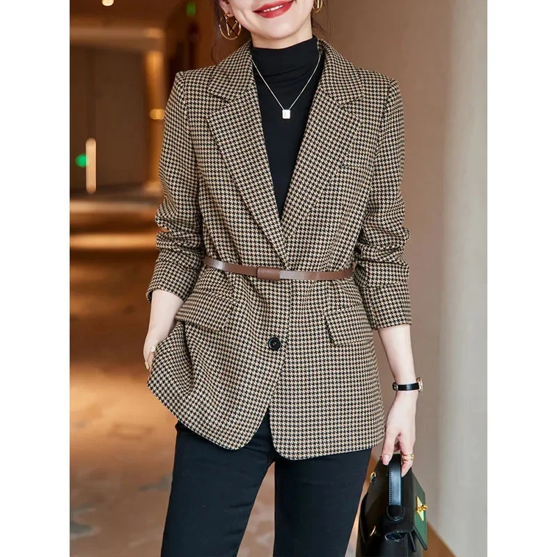 Fashion Houndstooth Suit Jacket Female 2022 Spring And Autumn New Temperament High-End Woolen Coat Brown Blazer With Belt 2063