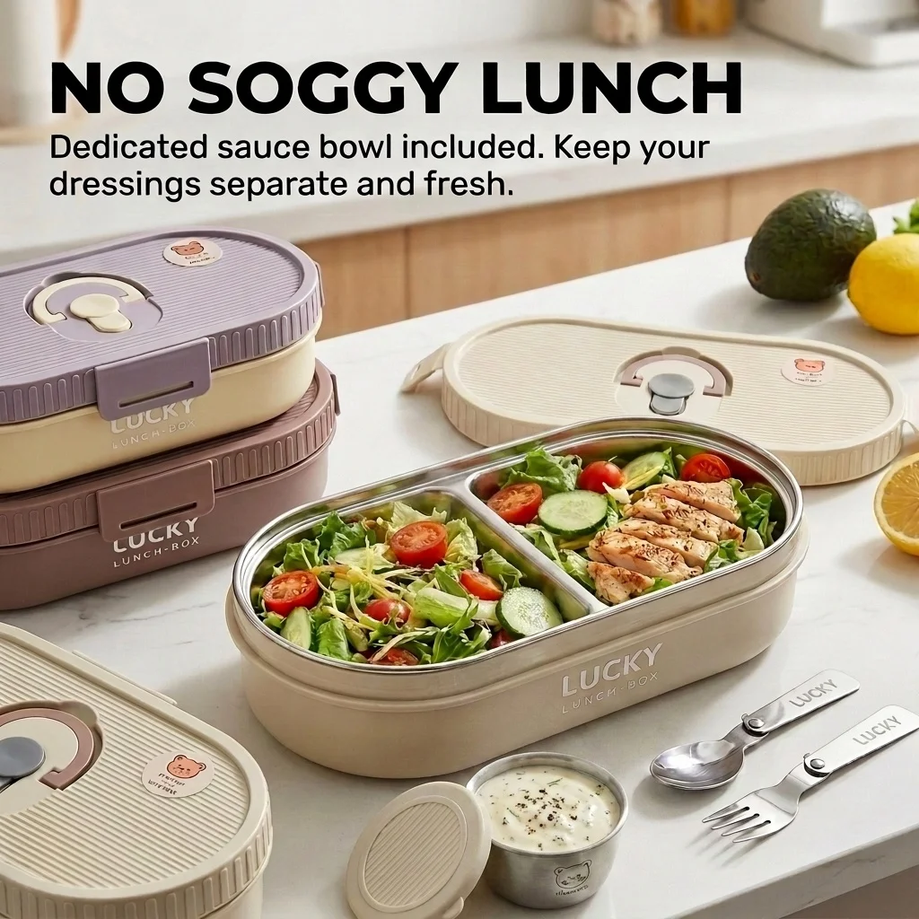 Microwavable 304 Stainless Steel Bento Lunch Box Set Leakproof Portable Food Storage Container Meal Prep Bowl Kids Adults view 5
