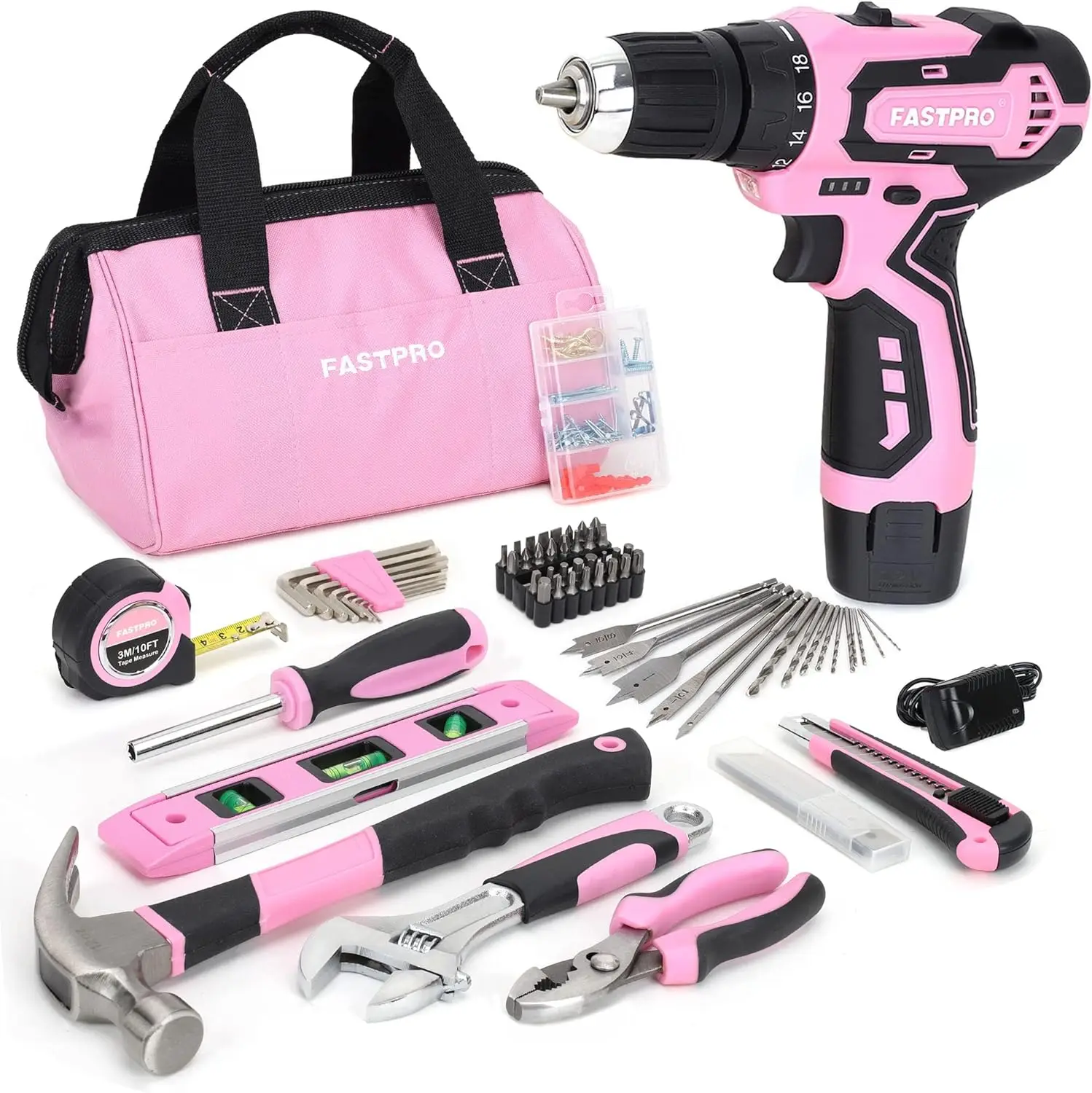 175-Piece 12V Pink Drill Set, Cordless Lithium-ion Driver and Tool Kit, House Repairing Tool with 12-Inch Storage Bag