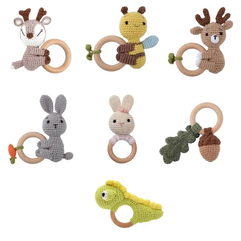 

Wooden Baby Cartoon Dinosaur Baby Teething Toy for Visual Sensory Stimulation Rings Pendants Boho 0-12 Month