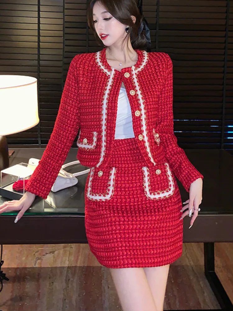 Autunno inverno moda Plaid rosso Tweed due pezzi Set donna perle monopetto frange giacche di lana cappotto + minigonna tascabile