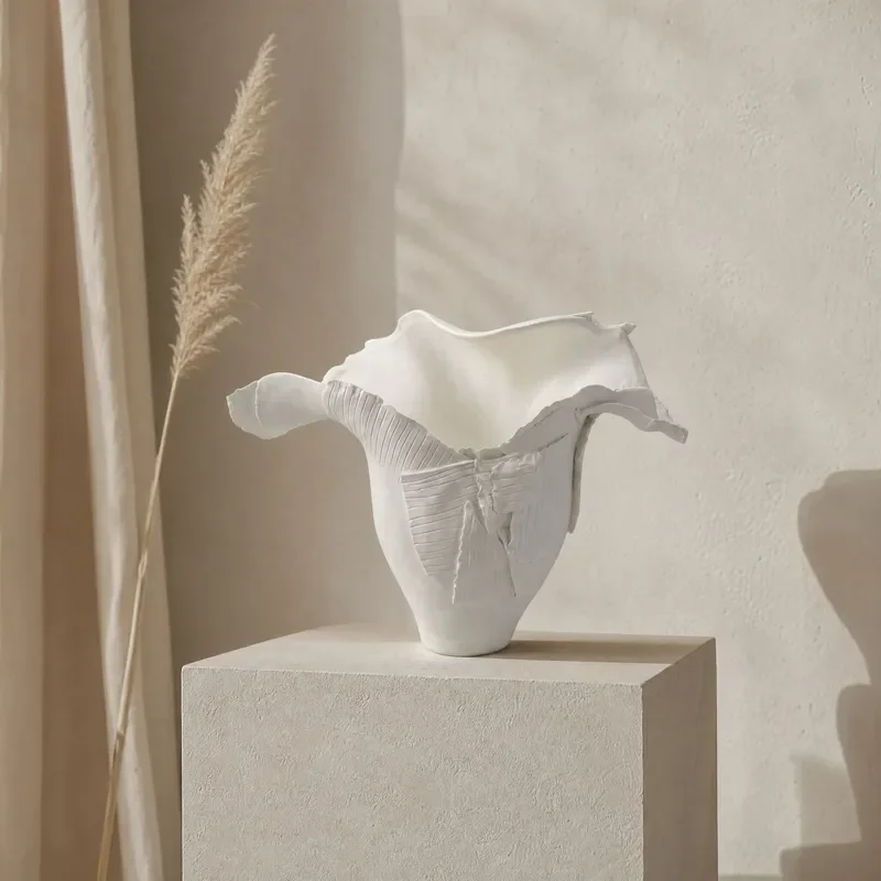 Modern simple white ceramic irregular curling flower device vase ornament model room living room entrance soft decoration