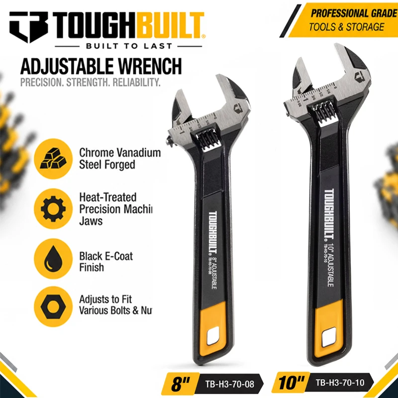 TOUGHBUILT TB-H3-70-08/10 Steel Adjustable Wrench, Heavy Duty Wear-resistant Precise Smooth Adjustable Spanner Hand Tool