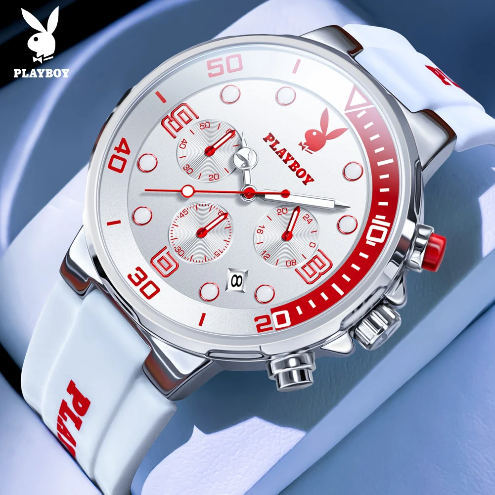 PLAYBOY Quartz Watches for Men Casual Fashion Silicone Strap Waterproof Luminous Chronograph Auto Date Sports Wristwatches 3036