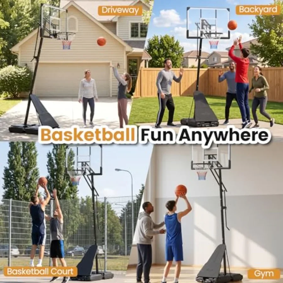 Outdoor basketball hoop: 8-10 ft height adjustable portable goal system with 44-inch PC shatterproof backboard, rebound plate,