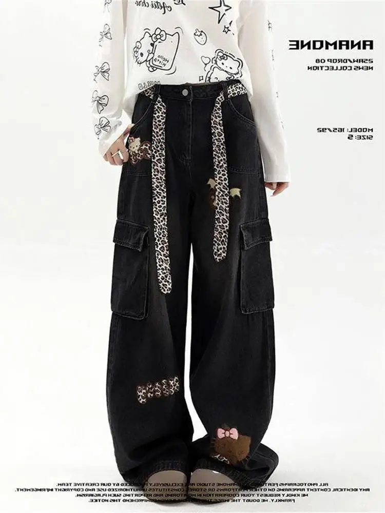 

Retro American Cartoon Leopard Print Floing ket Denim Jeans Embroidery Work Loose Wide Leg Floor-Length Slimming Effect