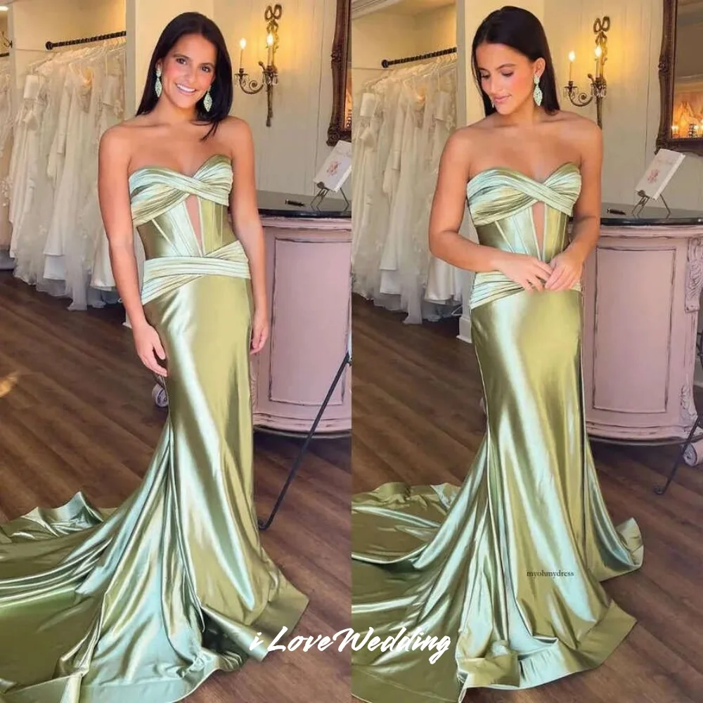 Green Sweetheart Evening Dresses 2025 Sleeveless Pleated Backless Mermaid Sweep Train Prom Dress Wedding Party Dress Customized