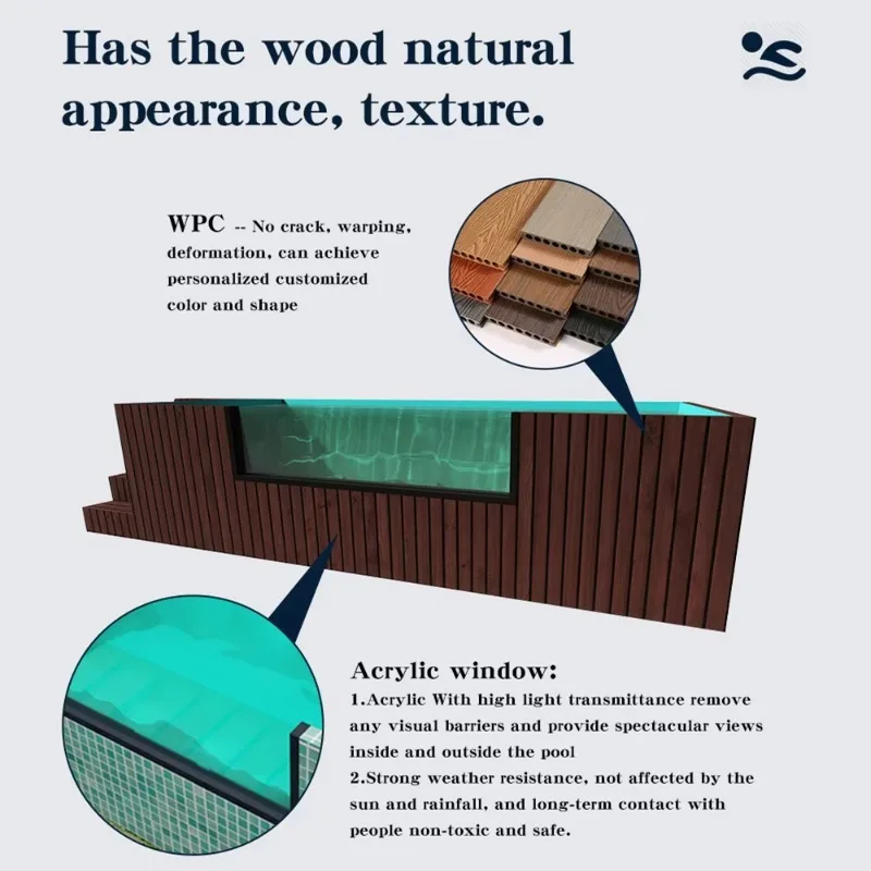 حوض سباحة نافذة أكريليك من الألياف الزجاجية للسباحة في الهواء الطلق فوق الأرض، حاوية جاهزة لحمام السباحة