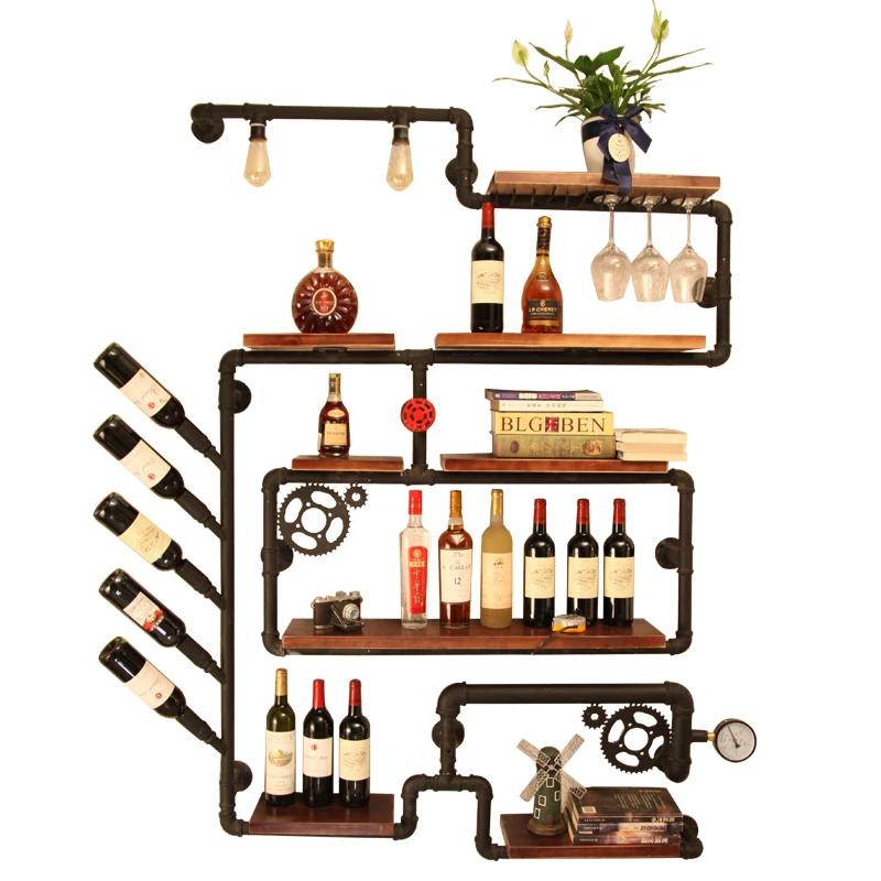 

Red wine rack wall hanging bar counter wine rack wine cabinet bar loft wrought iron rack retro industrial wind wall water pipe r